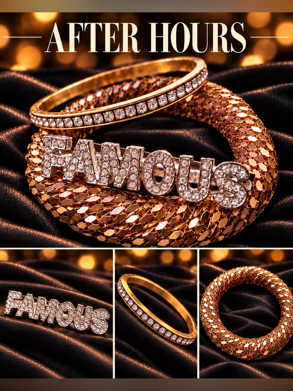 FAMOUS Rhinestone Double Finger Ring Gold Tone Bangle Bracelet Set Disco Glam